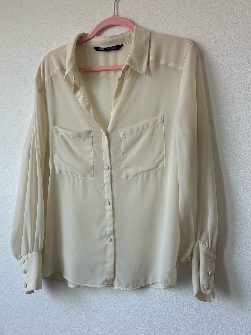 Zara Sheer Cream Long-Sleeve Button-Down Shirt with Chest Pockets